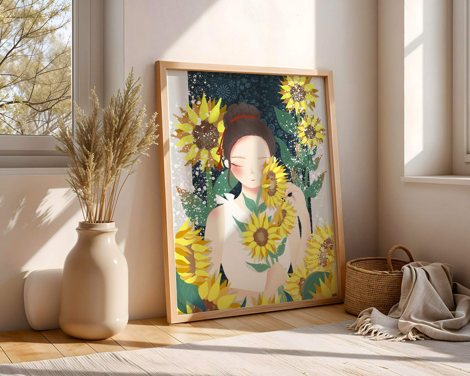 Young woman surrounded by vibrant sunflowers in a serene setting