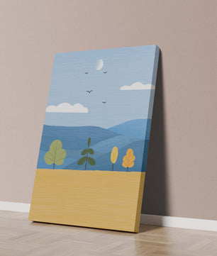 Colorful Landscape with Trees and Birds in a Serene Field