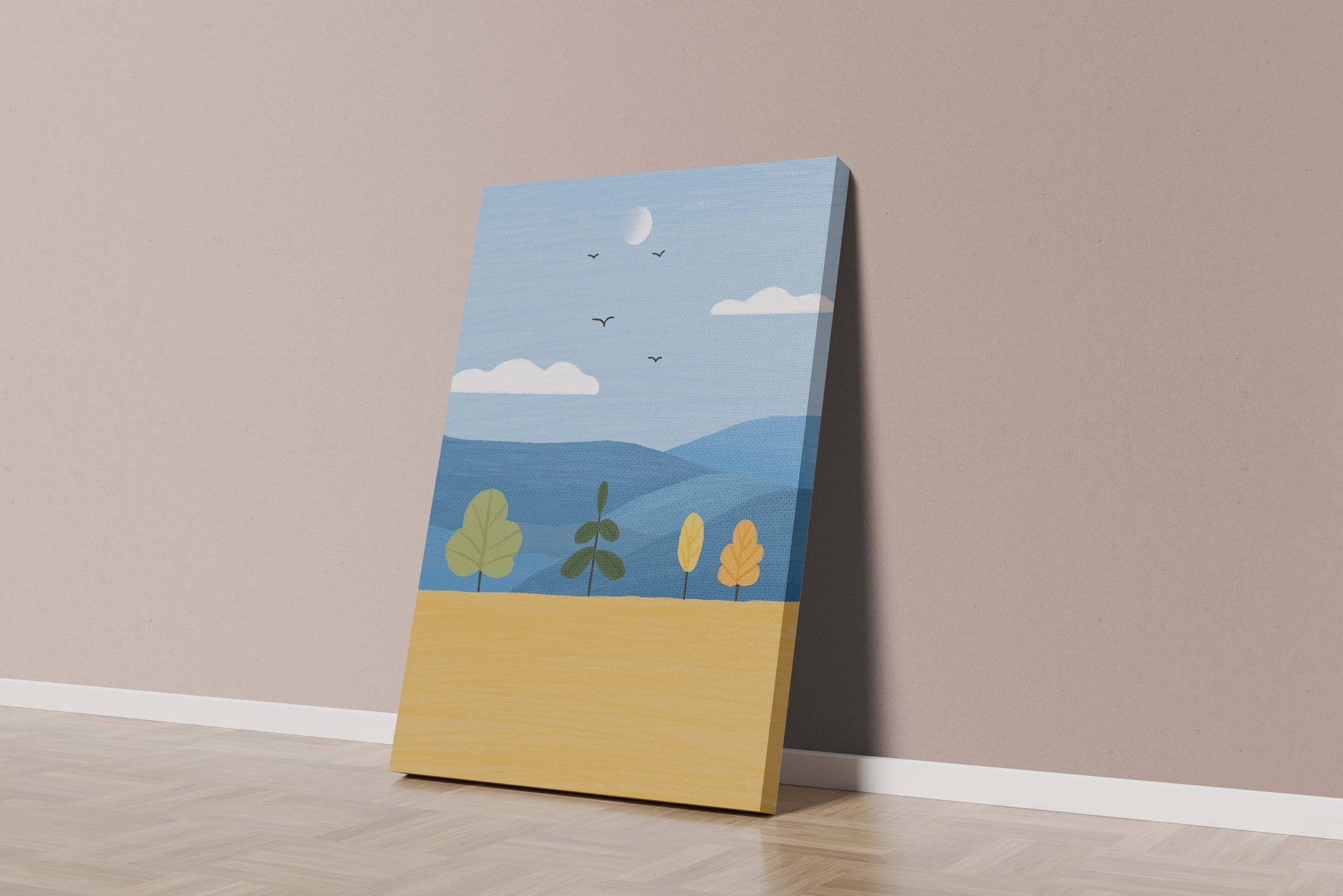 Paisaje colorido con árboles y aves en un campo sereno