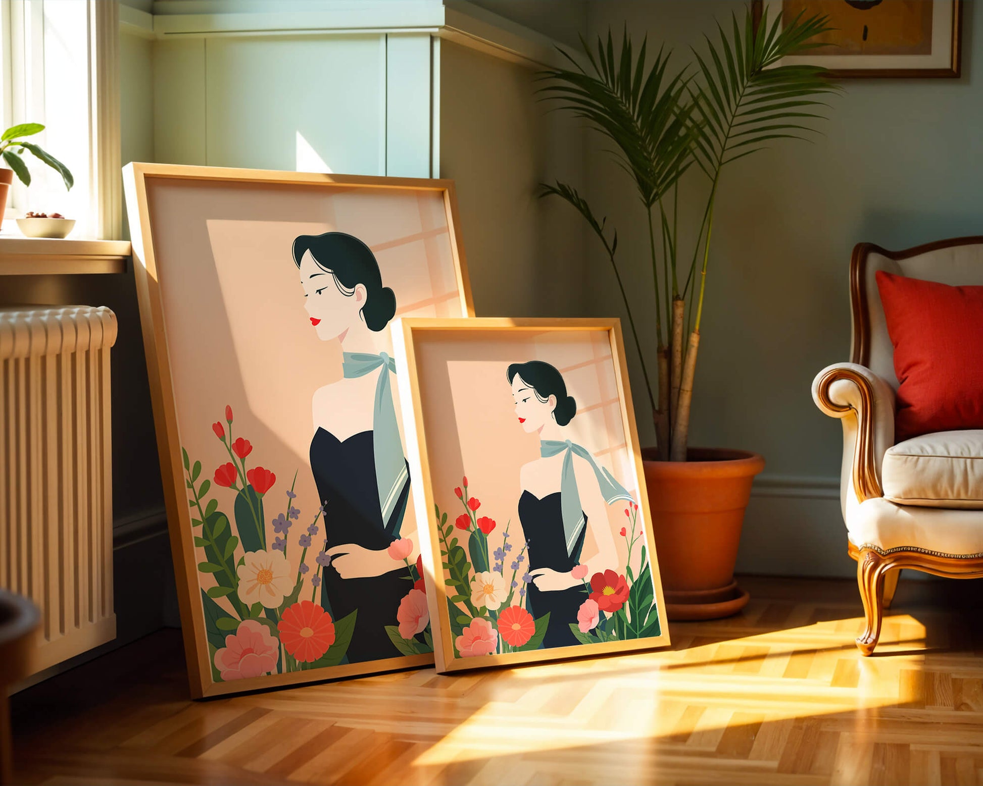 Mujer elegante con fondo floral y bufanda