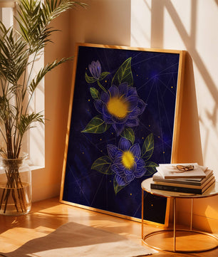 Floral Art with Blue and Yellow Lotus Design on Starry Background