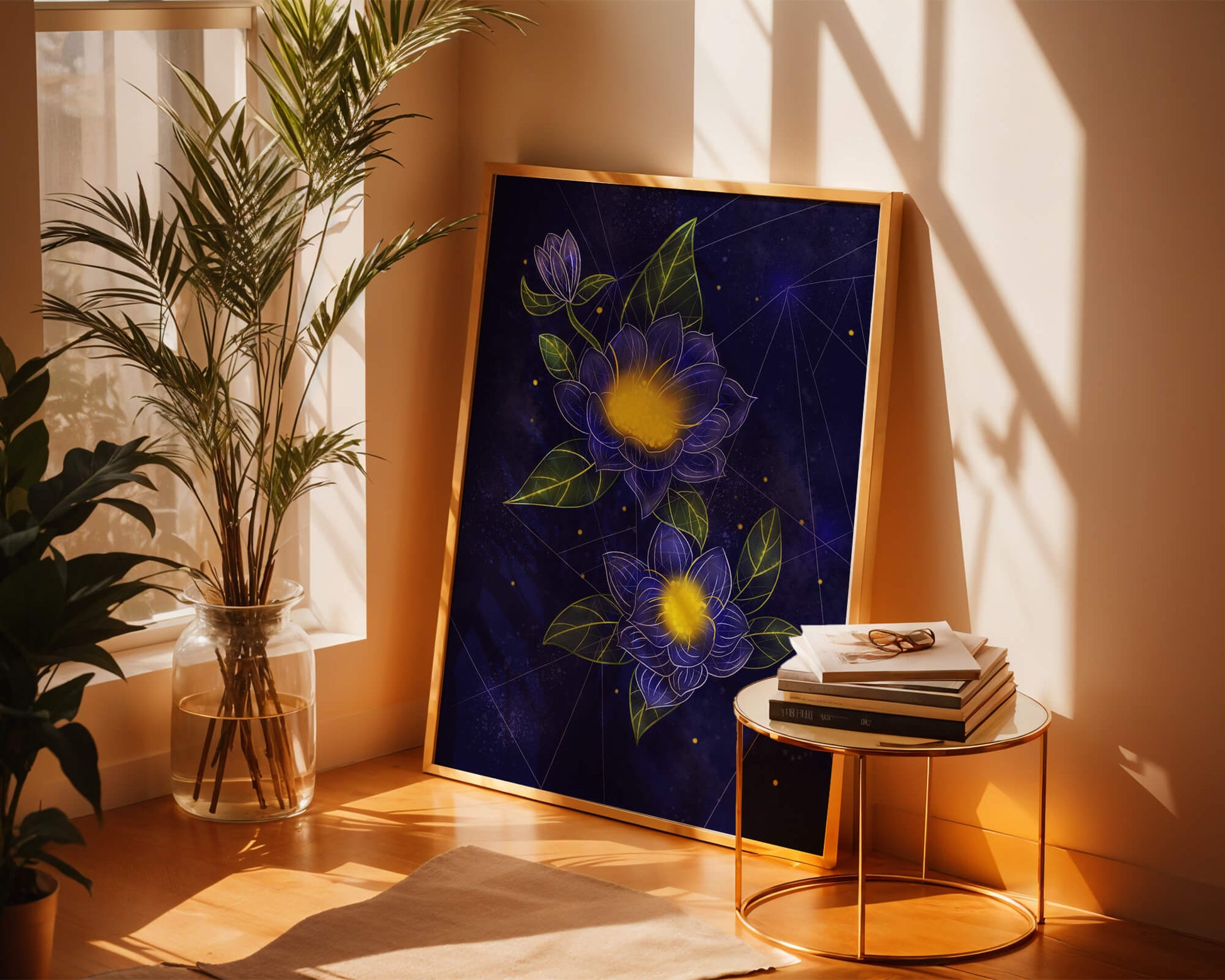 Floral Art with Blue and Yellow Lotus Design on Starry Background