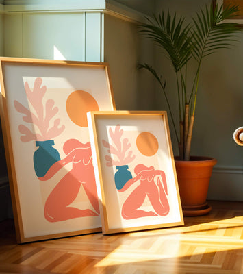 Abstract Nude Figure with Vase and Sun in Minimalist Style