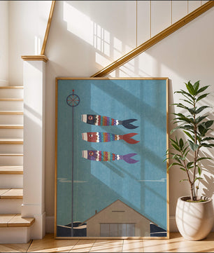 Colorful Koi Nobori Fish Flags Against Blue Sky