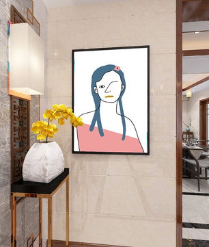 Abstract Portrait with Blue Hair and Floral Accent - Mi tienda