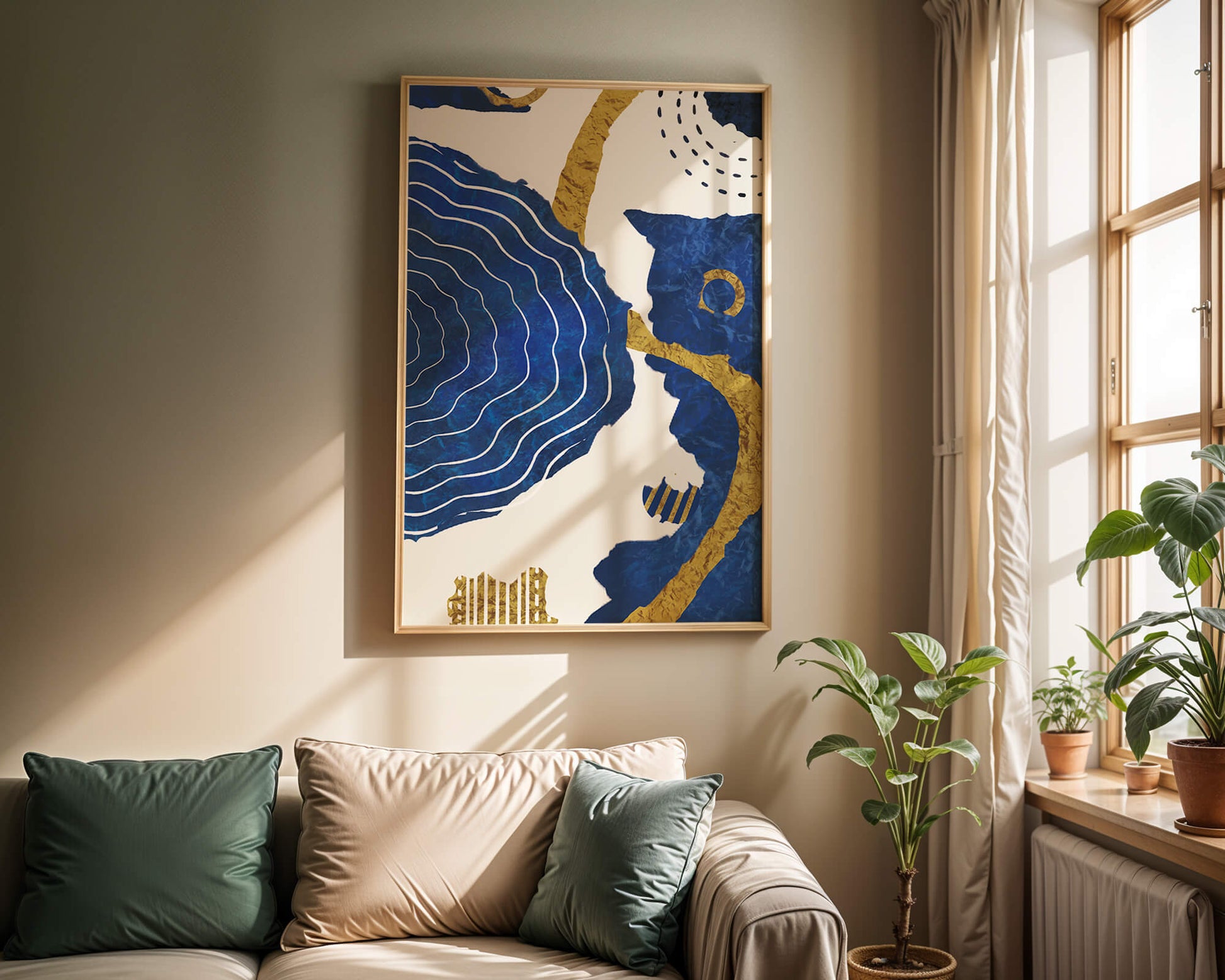 Diseño abstracto ondulado azul y dorado con patrones geométricos