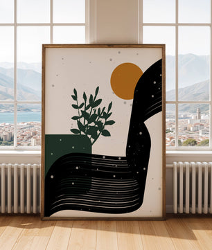 L'œuvre d'art abstraite de la nature avec une silhouette de plante et des formes géométriques