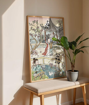 Tranquil Asian Garden Scene with Pandas and Blossoms