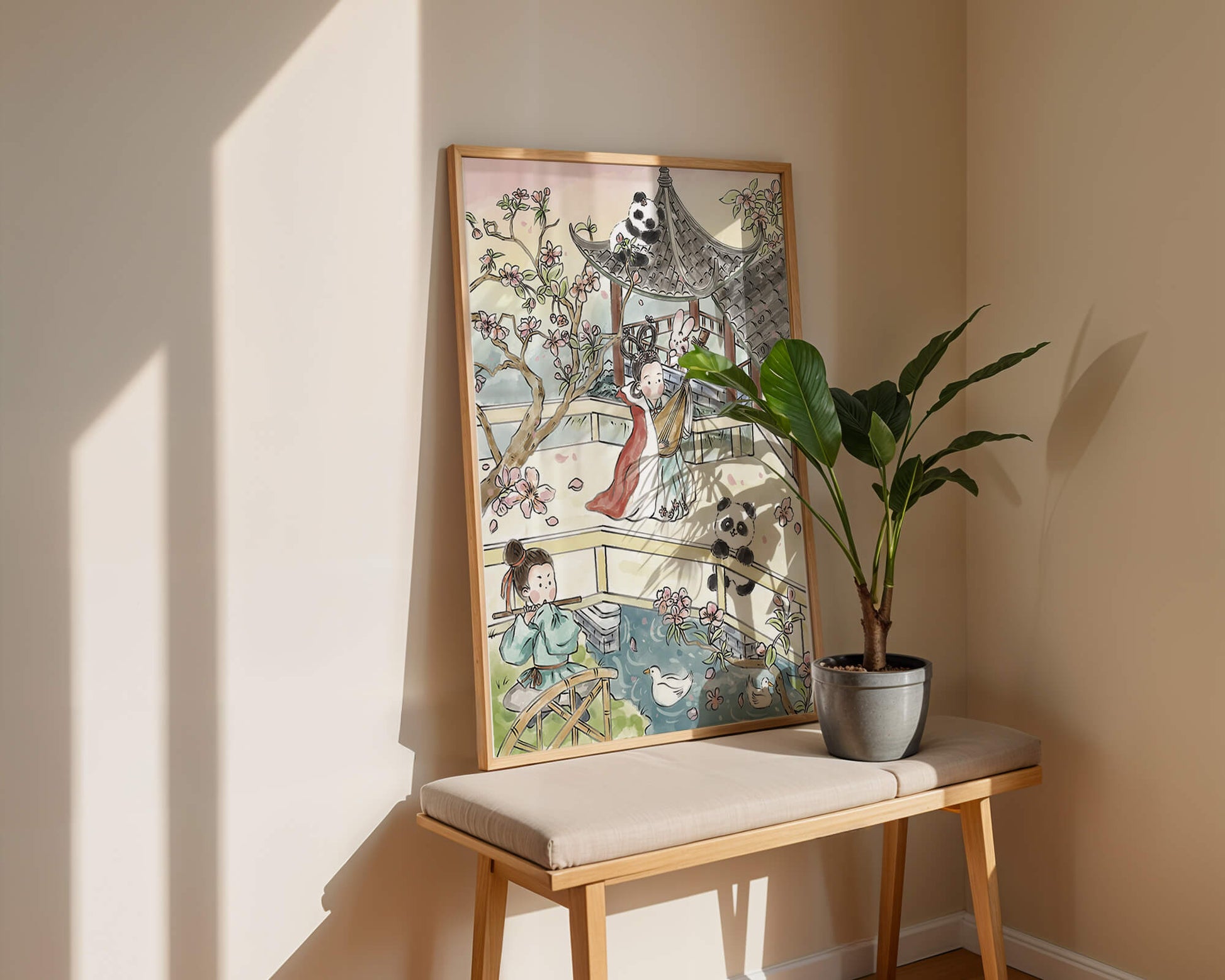 Escena tranquila de jardín asiático con pandas y flores