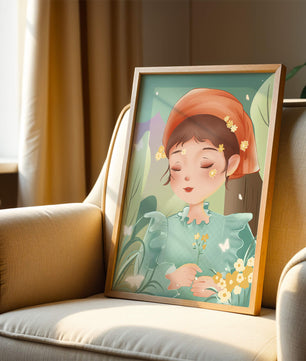 Ilustración serena de una chica en la naturaleza con flores y mariposas