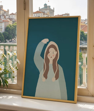 Illustriertes Mädchen mit Kapuzenpullover auf blaugrünem Hintergrund