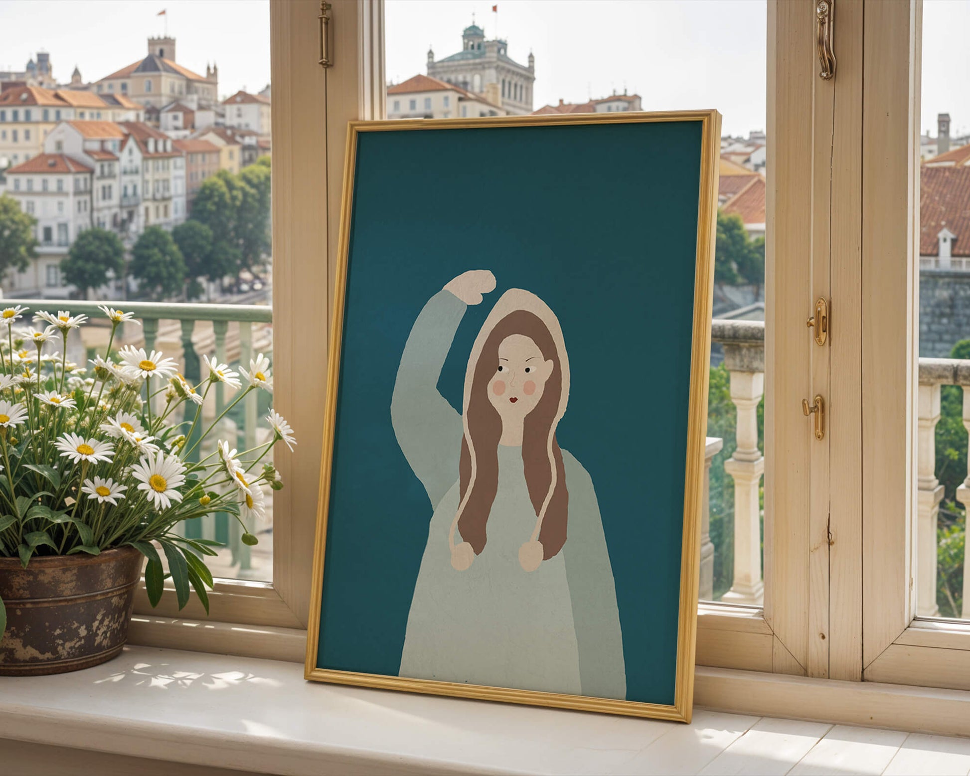 Illustrated girl with hoodie on teal background