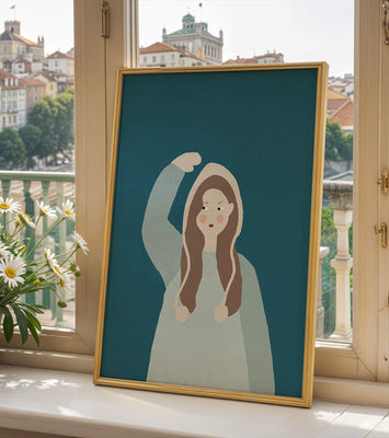 Illustrated girl with hoodie on teal background