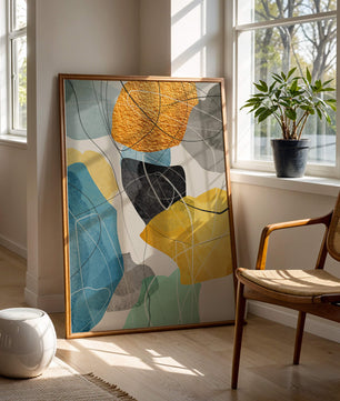 Abstrakte geometrische Kunst mit goldenen Akzenten und leuchtenden Farben