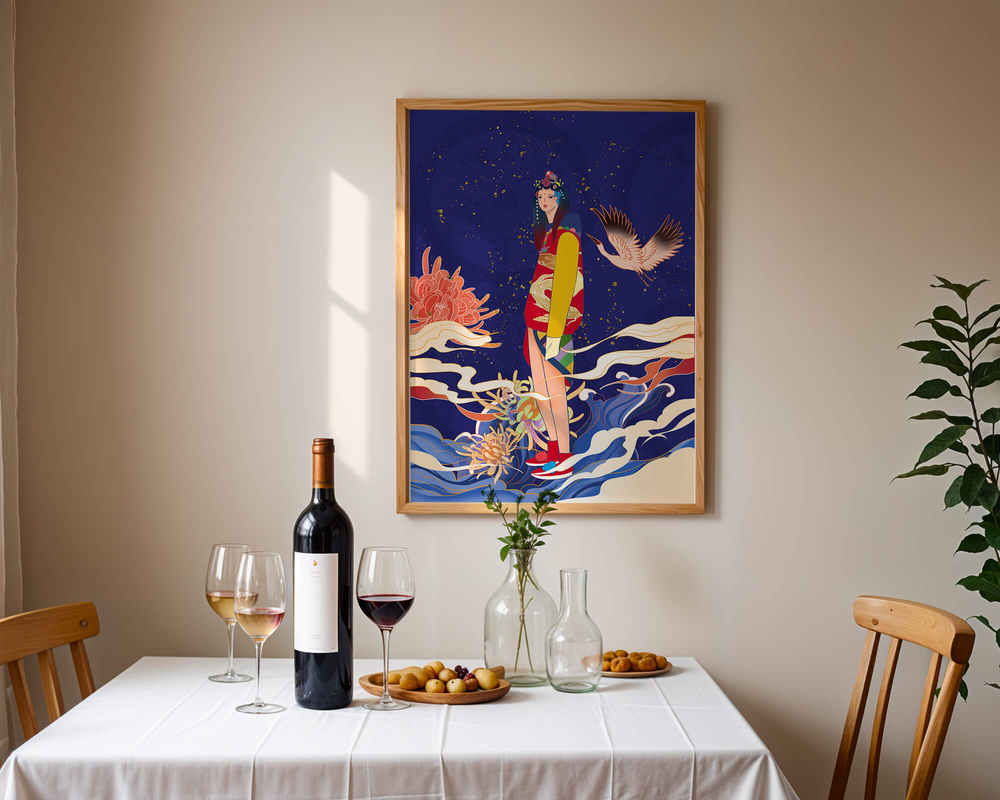 Elegant fusion of traditional and modern art with floral and avian elements