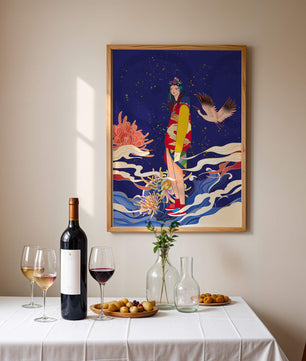 Fusion élégante d’art traditionnel et moderne avec des éléments floraux et aviaires