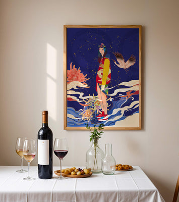 Elegant fusion of traditional and modern art with floral and avian elements