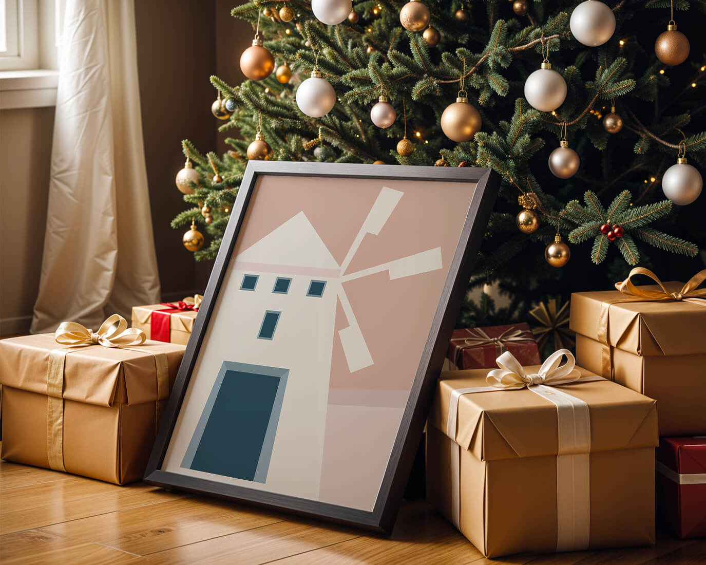 Minimalist geometric house illustration on pastel background