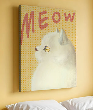Profile View of a White Cat with Meow Text on Yellow Background