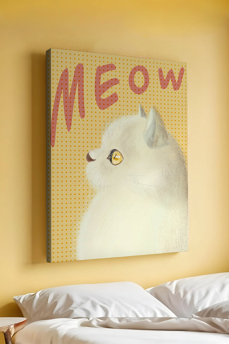 Profile View of a White Cat with Meow Text on Yellow Background