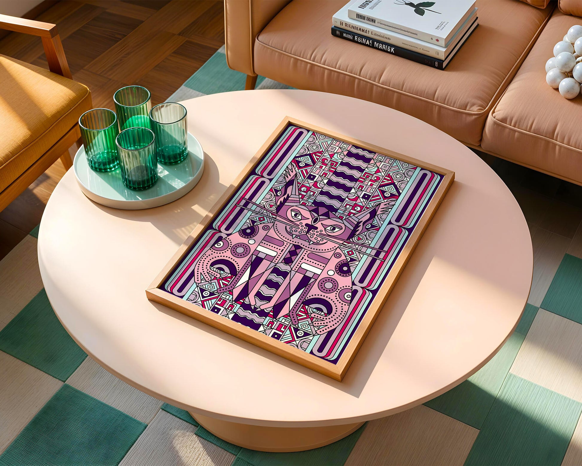 Art de chat géométrique coloré avec motifs abstraits en tons pastel