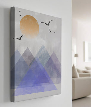 Abstract Mountain Landscape with Geometric Elements and Soaring Birds