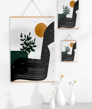 L'œuvre d'art abstraite de la nature avec une silhouette de plante et des formes géométriques