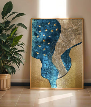 Paisaje texturizado abstracto con elementos dorados y azules