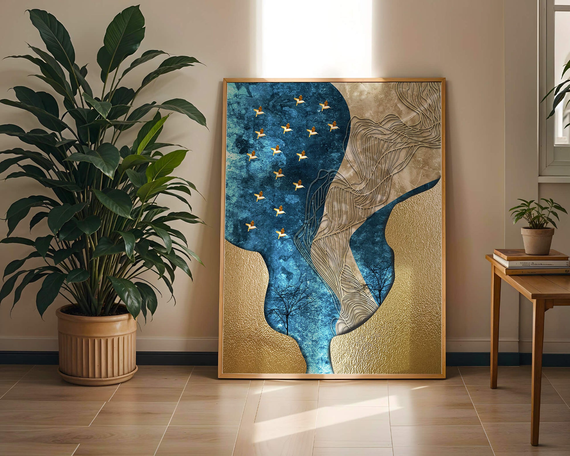 Abstract Textured Landscape with Gold and Blue Elements
