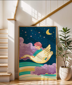 Child flying on a goose through a magical night sky illustration