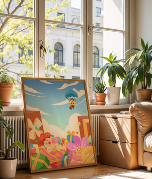 Colorful illustration with presents and children playing under a blue sky
