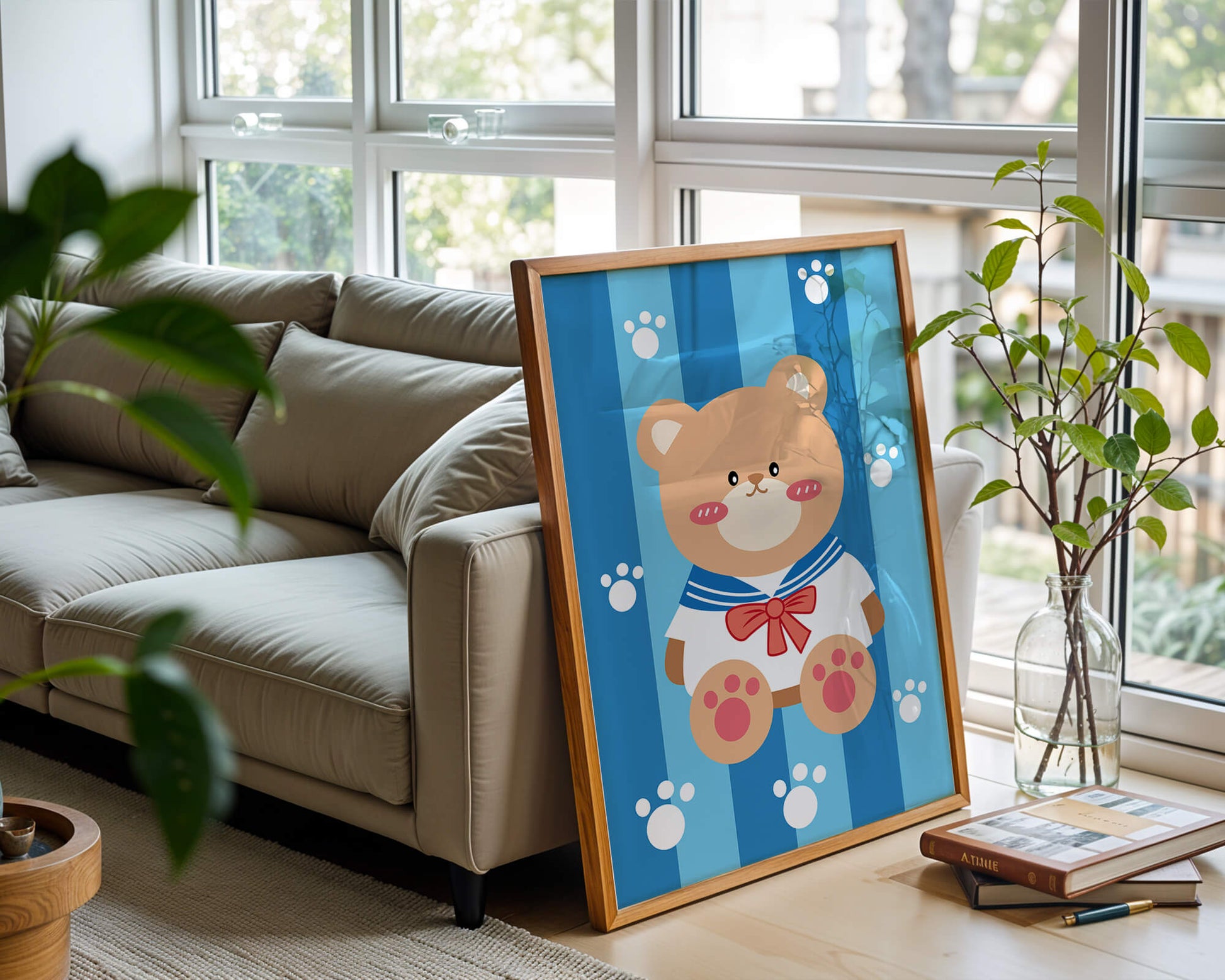 Adorable cartoon bear with sailor suit against striped background