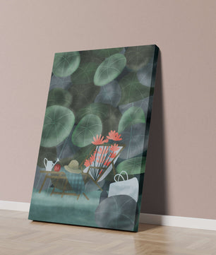 Garden Scene with Flowers, Table, and Chair in a Leafy Backdrop