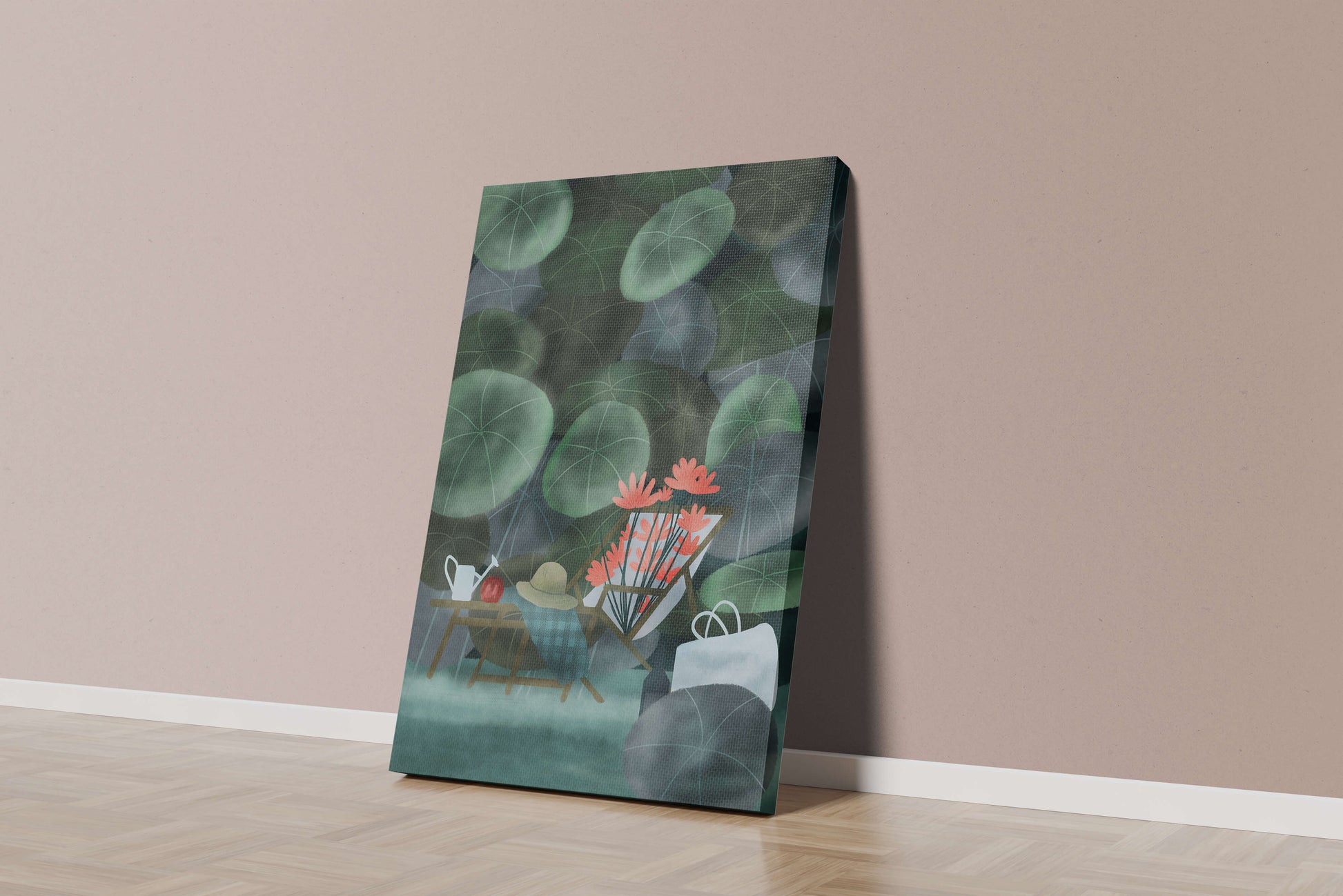 Garden Scene with Flowers, Table, and Chair in a Leafy Backdrop