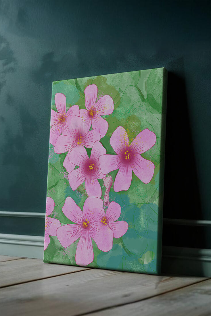 Zarte rosa Blüten auf einem leuchtend grünen Hintergrund Illustration