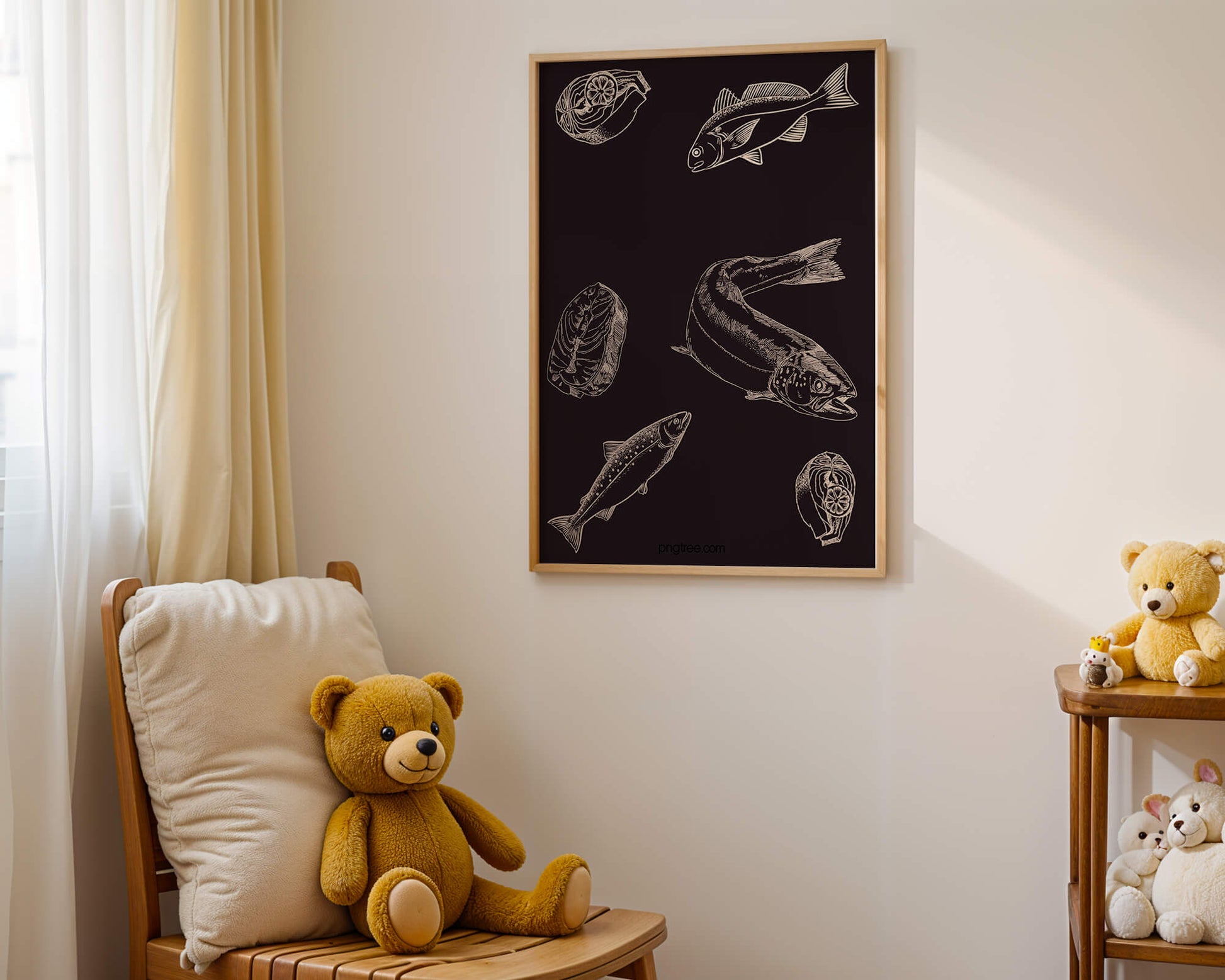 Detailed illustration of fish and seafood elements on dark background