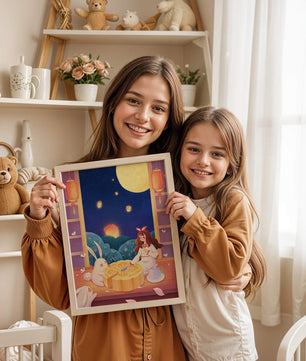 Moonlit Night with Lanterns and Tea Ceremony Featuring Rabbits and Mooncakes