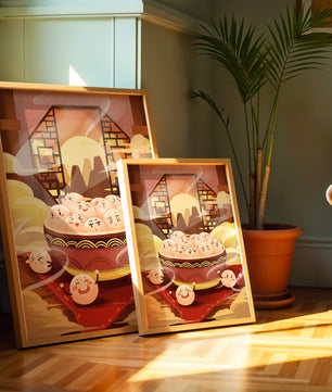 Dumplings de dibujos animados encantadores en un cuenco decorativo en medio de la niebla