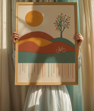 Abstract landscape with bicycle and tree in vibrant colors