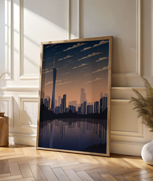 Skyline der Stadt bei Sonnenuntergang mit futuristischem Touch und Wasserspiegelung