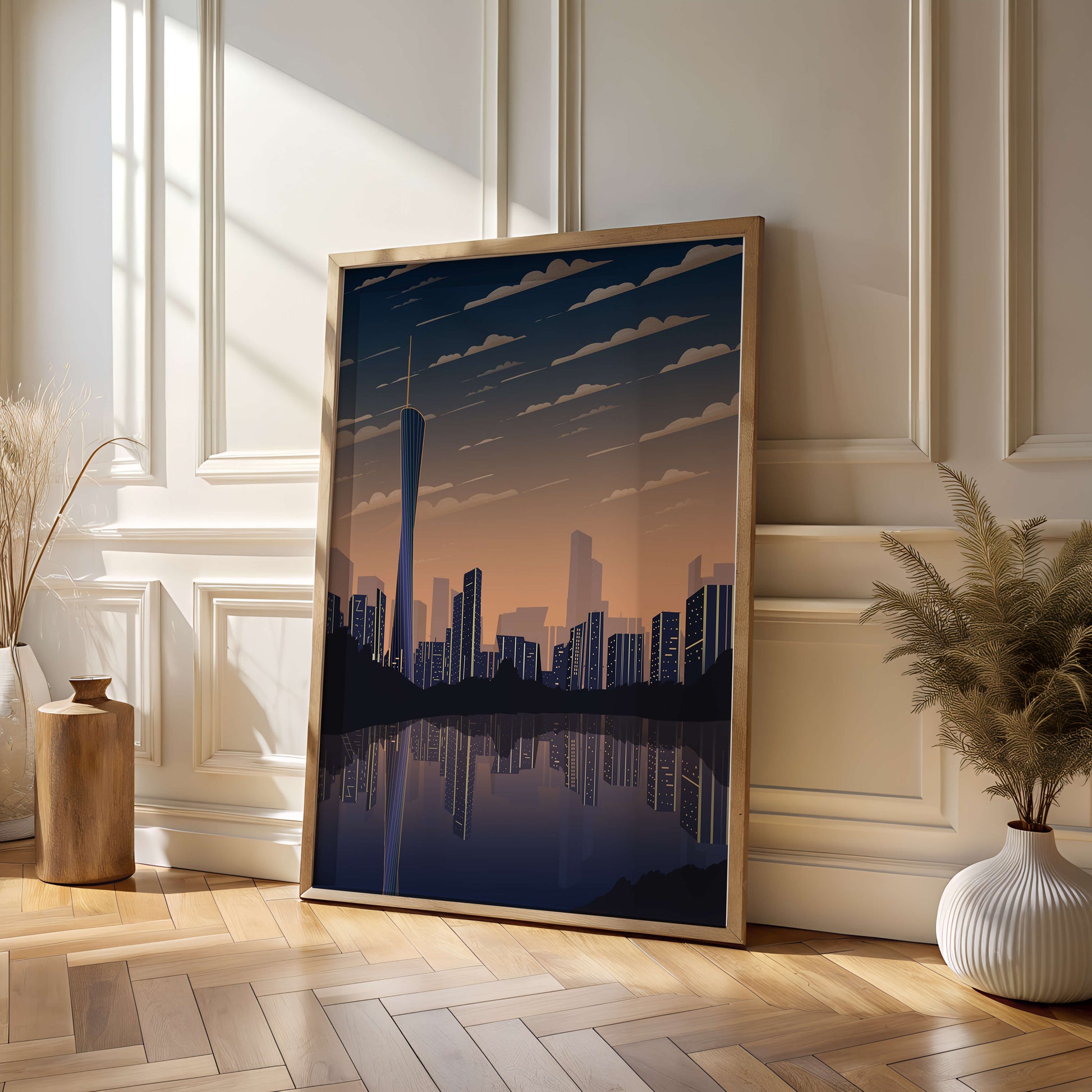Skyline der Stadt bei Sonnenuntergang mit futuristischem Touch und Wasserspiegelung