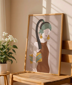 Retrato de mujer estilizado con colores apagados y elementos geométricos