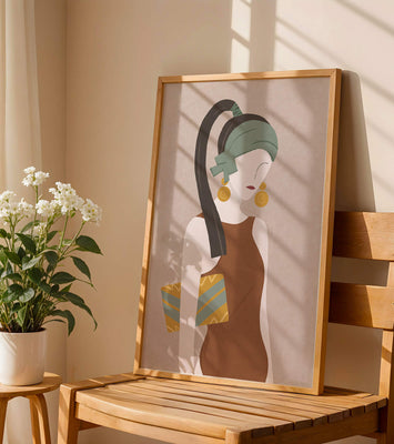 Stylized woman portrait with muted colors and geometric elements