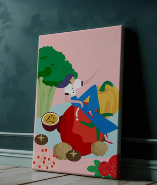 Ilustración de una mujer rodeada de vegetales y frutas vibrantes