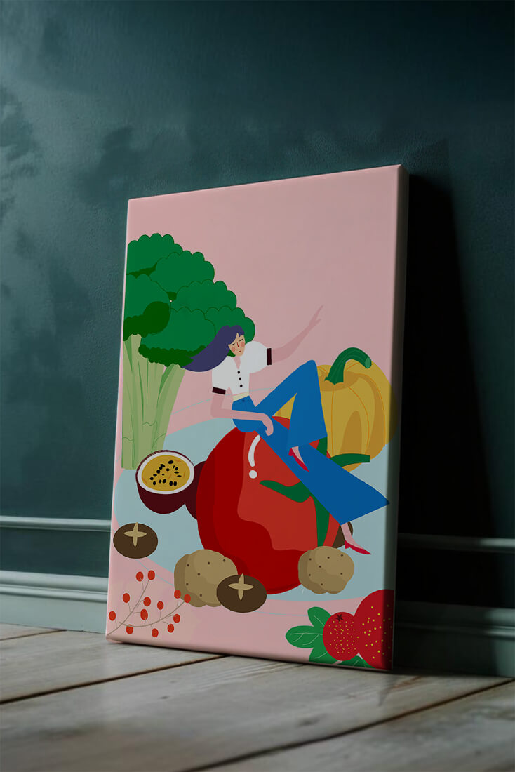 Ilustración de una mujer rodeada de verduras y frutas vibrantes.
