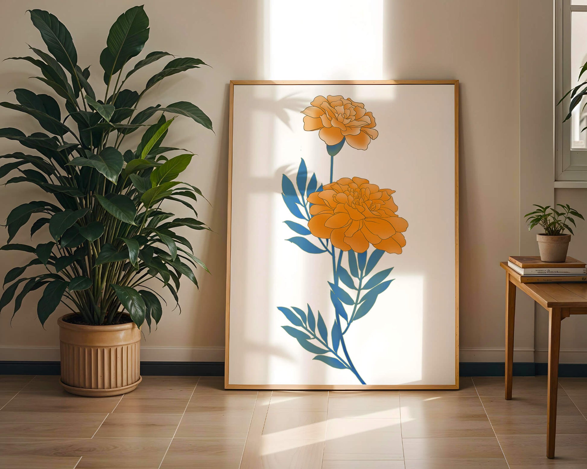 Elegante Illustration lebendiger Ringelblumen auf grünem Hintergrund