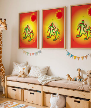 Abstract colorful figures under a vibrant sun with warm tones