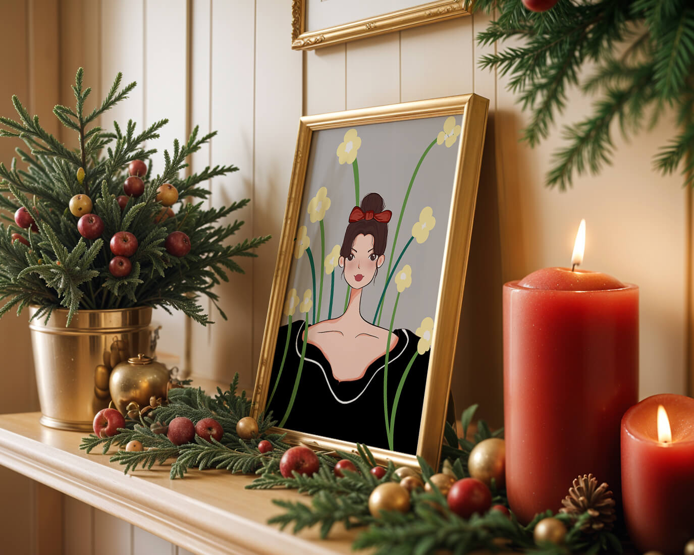 Illustration of a woman with floral background and red bow