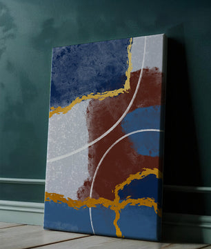 Abstraktes Gemälde mit goldenen Akzenten und geometrischen Elementen