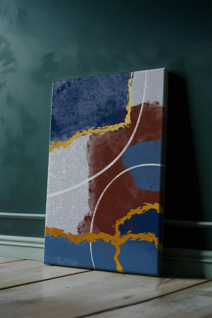 Abstract painting with gold accents and geometric elements